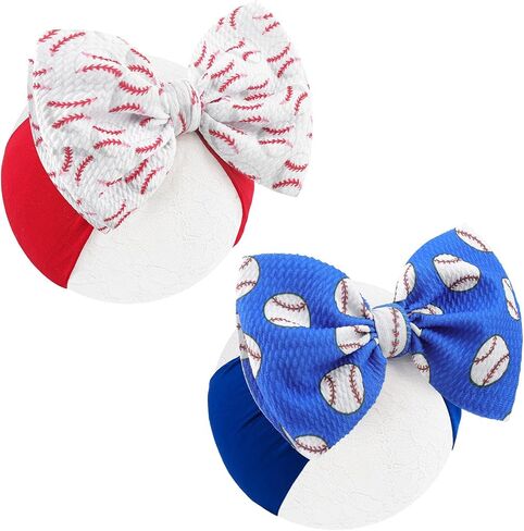 Baseball Baby Bow Headband High Stretchy Soft Nylon Headbands for Infant Girls Toddler Handmade Hairbands with Bows Baseball Hair Accessories Red Blue in Saudi Arabia