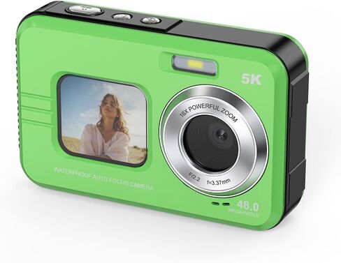 Waterproof Digital Camera 5K Ultra HD, 48MP, Dual Screens (2.8" Rear & 1.7" Front), 16X Zoom, Autofocus, Underwater Camera IP68, Compact for Travel & Vlogging (Green) in Kuwait
