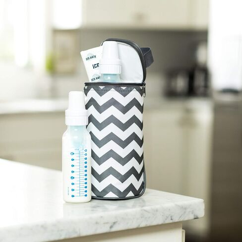 J.L. Childress Breastmilk Cooler & Baby Bottle Bag, Insulated & Leak Proof, Ice Pack Included, Single Bottle, Grey Chevron in Saudi Arabia