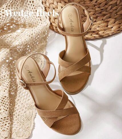 Ankis Wedge Sandals for Women, Espadrille Womens Wedge Sandals Comfortable Open Toe Cross Band Ankle Strap High Heel Wedges for Women Dressy Summer -3.4Inch in Kuwait