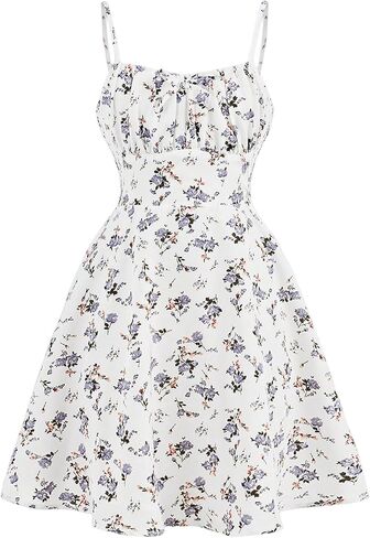 Girl's Ruched Bust Smocked Floral Dress Spaghetti Strap Bowknot Boho A Line Cami Sun Dresses in Kuwait