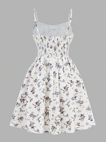 Girl's Ruched Bust Smocked Floral Dress Spaghetti Strap Bowknot Boho A Line Cami Sun Dresses in Kuwait