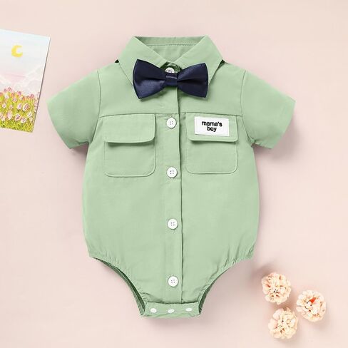 Sinhoon Baby Boy Formal Dress Shirt Infant One Piece Gentleman Outfits Button Up Short Sleeve Solid Bodysuits in Kuwait