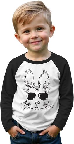 Ritatte Toddler Boys Easter Shirts Bunny with Sunglasses Long Sleeve Raglan T-Shirt Funny Rabbit Graphic Tops in Kuwait