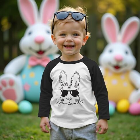 Ritatte Toddler Boys Easter Shirts Bunny with Sunglasses Long Sleeve Raglan T-Shirt Funny Rabbit Graphic Tops in Kuwait