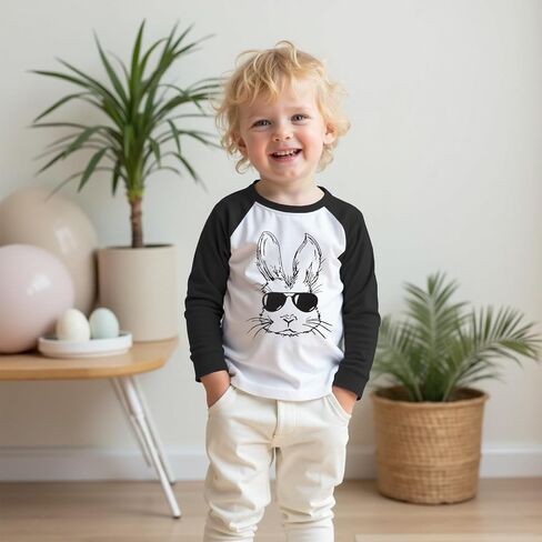 Ritatte Toddler Boys Easter Shirts Bunny with Sunglasses Long Sleeve Raglan T-Shirt Funny Rabbit Graphic Tops in Kuwait