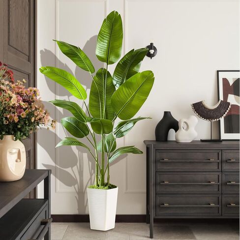 Lifelike Bird of Paradise Silk Artificial Plant Faux Banana Leaf Tree for Home Decor - Perfect Indoor Floor Plant with 9 Trunks (1, Black Planter, 4 FT) in Saudi Arabia