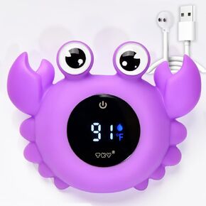 Baby Bath Thermometer with Floating Toys & Room Temperature Monitor - Rechargeable Digital Thermometer with Temperature Alerts, Bath Essentials for Newborns, Infants Crab (Purple)