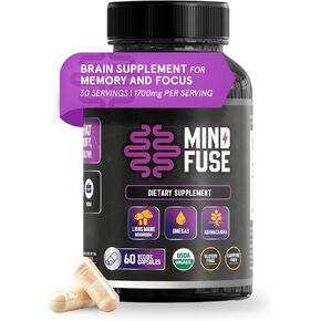 Nootropics Memory Boost Supplement - (60 Capsules) - Lions Mane, Ashwagandha, Omega 3, L-Theanine - Gluten & Alpha GPC Free - Boosting Focus & Memory