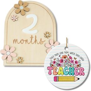 Baby Milestone Signs & Teacher Gift Bundle – Wooden Monthly Baby Milestone Cards & Heartfelt Ornament for Teachers – Perfect for Baby Announcements