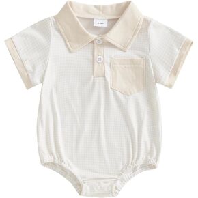 Newborn Baby Boy Summer Clothes Short Sleeve Lapel Button Romper Up Loose Fit Plaid Jumpsuit Infant Baby Boy Outfit