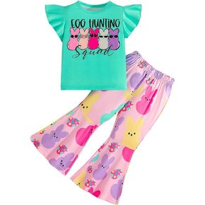 Girls Easter Outfit Kids Ruffle Short Sleeve Shirts + Flared Bunny Pants for Toddler Egg Hunt Easter Clothes Set