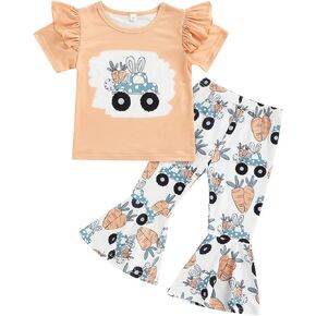 Rtnnsbbfcm Toddler Baby Girl Easter Outfit Ruffle Short Sleeve Bunny Carrot Print T-shirt Top Bell Bottom Pants 2Pcs Set