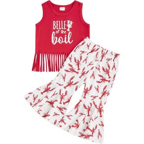 Baby Girl Summer Clothes Crawfish Sleeveless Tassel Tank Top Lobster Flare Pants Set Toddler Bell Bottom Outfit
