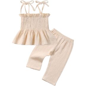Baby Toddler Infant Girls Clothes Solid Color Sleeveless Camisole Linen Striped Pants Set Summer Outfits