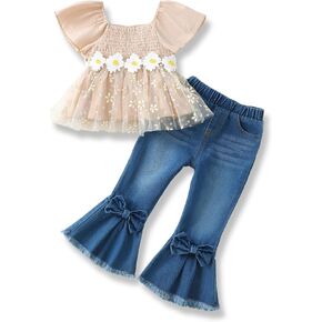 XUANHAO Toddler Girl Clothes Summer Smocked Shirts Tops Denim Bell Bottom Jeans Pants Outfits Kids Girl's Clothing Sets