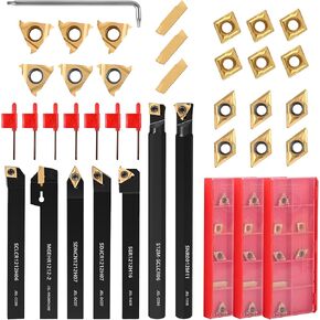 VerRich 28Pcs Kit Indexable Lathe Turning Tools,1/2"12mm Shank Boring Bar Metal Turning Tool Holder with 21pcs Carbide Inserts for Boring Cutting Grooving Turning Threading
