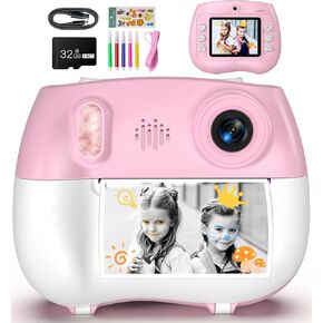Kids Camera Instant Print - Fun Birthday Gift for Girls Boys, HD Dual Digital Cameras with 4 Rolls Print Paper, 32GB SD Card, Durable and Easy to Use for Ages 3-10 (Pink)