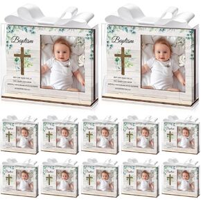 12 Set Baptism Picture Frame Catholic Baptism Gifts Wood Photo Frame Baby Shower Favor with Clear Plastic Clear Boxes and Satin Ribbon Bows for Religious First Communion Decor