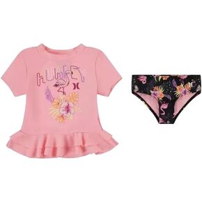 Hurley Toddler Girls' Floral Flamingo Rashguard Two-Piece Set, Pink/Black, 4T