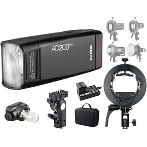 Godox Ad200 Pro Ad200Pro 200WS Flash Strobe ، TTL 2.4G Pocket Flash Monolight مع Bracket Godox S2 Speedlite ، 1/8000S HSS 2900MAH بطارية 500 وميض الطاقة الكامل لمبة عارية/سرعة فلاش.