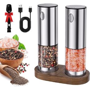 Electric Salt and Pepper Grinder Set (2Pack), Battery Operated Automatic Grinder with Adjustable Coarseness, LED Light, 2.3oz Capacity, Refillable, Includes Acrylic Tray, Ideal for Home Cooks, Black
