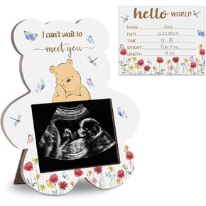 Classic Pooh Wooden Ultrasound Photo Frame, Winnie Ultrasound Photo Frame, I Can‘t Wait to Meet You Ultrasound Photo Frame with Writing Card, Pregnancy Gift for First Time Moms 4.3*5.3 IN Picture