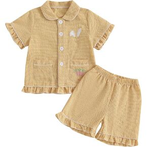 Multitrust Kids Baby Girl Easter Day Pajamas Set Plaid Bunny Carrot Button Down Shirts Ruffled Shorts Girls 2PCS Pj Set