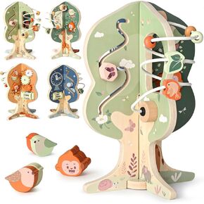 Joyreal Wooden Activity Cube for Baby - 8-in-1 Montessori Toys for 1 Year Old, Multipurpose Sensory and Educational Toy for 12M+ Baby Toddler, Kid, 1st Birthday Gifts Boy & Girl with Tree Theme