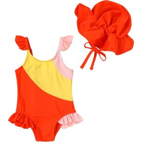 Toddler Bathing Suit with Hat Baby Girl Color Block Summer Sleeveless Swimsuit Kids Beach Swimwear 6M-3T