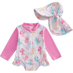 Infant Baby Girl Bathing Suit Floral Print Zipper Swimwear and Sun Hat Set for Toddler Swimsuit Girl Beachwear