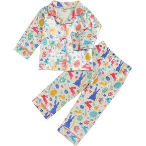 Toddler Baby Girl Boy Pajamas Set Silk Satin Button Down Pjs Kids Long Sleeve Bunny Shirt Pants Easter Outfit