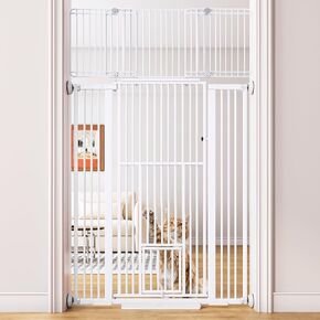 71'' Extra Tall Pet Gate for Cat, 29.5-43'' Extra Wide Cat Gate for Doorway with Upgraded Cat Door and 1.37'' Narrower Bar Spacing, NO Drilling Pressure Mounted Dog Gate Indoor