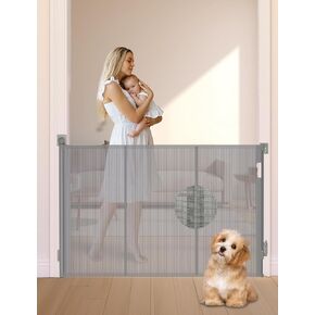 Reinforced Retractable Baby Gates, No Drilling Mesh Baby Gate for Stairs, 35.2" Tall, Extends up to 63" Wide, Retractable Dog Gate, Child Pet Safety Gate for Doorways, Stairs, Hallways, Indoor(Gray)