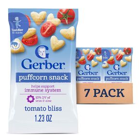 Gerber Toddler Snacks, Tomato Bliss Puffcorn Snack, Kernel Free, Heart Shaped, Zinc and Iron Helps Support Immune System, Toddler Food, 7-Pack