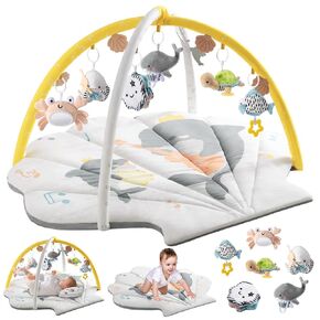 Baby Play Mat, Oversize Shell Tummy Time Mat with 6 Detachable Baby Activity Toys, Baby Gyms & Playmats for Babies 0-6 Months, Baby Mat for Floor Newborn Baby Shower Gifts (Beige)