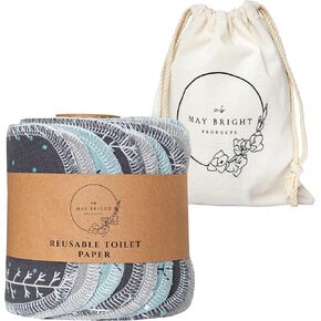 May Bright Reusable Toilet Paper with Washable Canvas Bag - Reusable Bidet Wipes - 2-ply - 15 Pack with Durable Cardboard Roll - Zero Waste Bidet Towels