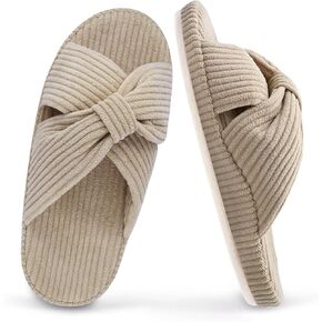 Women's Orthopedic Arch Support Open Toe House Slippers for Plantar Fasciitis Ladies Cozy Memory Foam Bedroom Gift Slippers Fluffy Corduroy Bow Crossband Slide