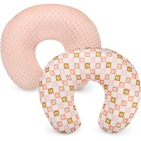 2 Pack Nursing Pillow Covers, Minky Dots Breastfeeding Pillow Slipcover for Baby Boys Girls, Ultra Comfortable Nursing Pillow Protector, Soft and Machine Washable, Flower Checkerboard