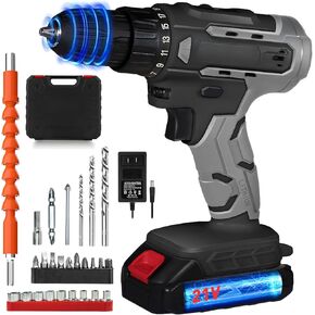 21V Cordless Drill with 25+1 Torque, 30N.m, 3/8'' Keyless Chuck, LED Light, Battery and Charger(Gray)