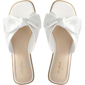 Ankis Womens Black White Flat Sandals for Women Dressy Comfortable Summer Beach Sandals for Women 2025 Cute Bow Square Open Toe Slide Sandals