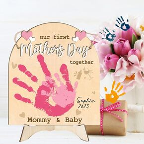 DIY Custom Our First Mother's Day Together Mommy & Baby Handprint Signs, Baby First Mothers Day Gifts for Babies, Toddler And Mom Mother's Day Crafts Plaque, Memory Keepsake Baby Milestone Photo Props