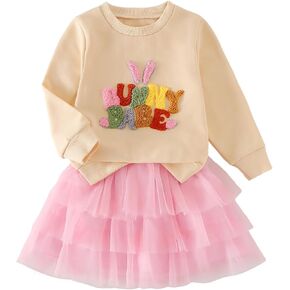 Thorn Tree Toddler Girl Easter Skirts Set Bunny Printed Sweatshirt Tutu Mesh Skirts Spring Winter Outfits