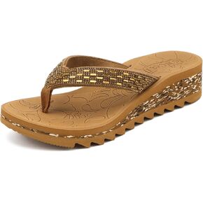 ONCAI Women's Wedge Flip Flops with Rhinestone，Recovery Dressy Walking Sandals for Women with Comfortable Arch Support Cushion Yoga Mat Summer Rubber Soles(US Size 5-11)