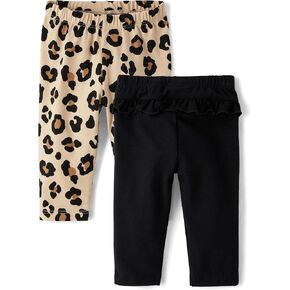 The Children's Place,Baby Girls,and Newborn Knit Pull On Pants,Leopard/Black Ruffle 2-Pack,18 Months,24 Months