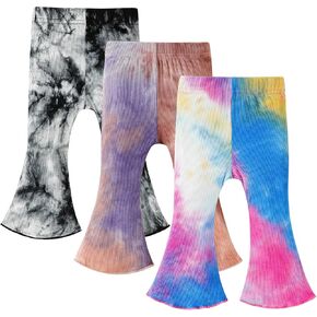 3 Pack Baby Girl Pants Tie-Dye Toddler Girls Flare Pants Newborn Bell Bottoms Ruffled Ribbed Knite Toddler Leggings