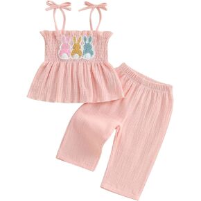 Kuriozud Easter Outfit Baby Girl Tank Top+Wide Leg Pants Set Kids Toddler Girl Easter Clothes 6 9 12 18 24Months 2t 3t 4t 5t