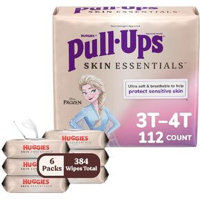 Bundle of Pull-Ups Girls' Skin Essentials Potty Training Pants, Training Underwear, 2T-3T (16-34 lbs), 124 Ct (4 Packs of 31) + Baby Wipes, 99% Water, 6 Flip Top Packs (336 Wipes Total)