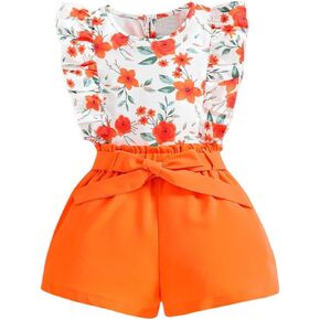 Kids Toddler Girls Clothes Outfits Floral Print Ruffle Sleeveless Top Belted Shorts Set Summer Clothing Set