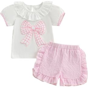 Toddler Baby Girl Summer Outfit Bow Embroidery Short Sleeve T-Shirt Plaid Ruffle Shorts Set Little Girls Clothes